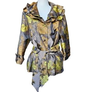 Puli cocktail formal event jacket blouse & sash shiny floral brown green grey XL